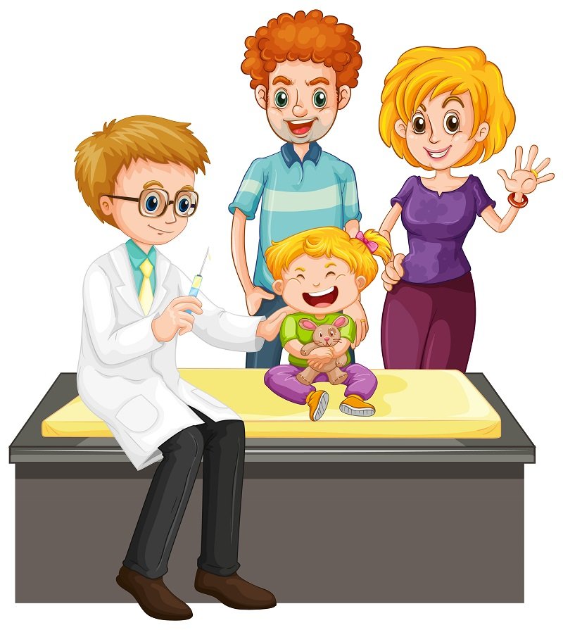 "Happy child getting a checkup or vaccination from doctor with supportive parents in clinic cartoon"