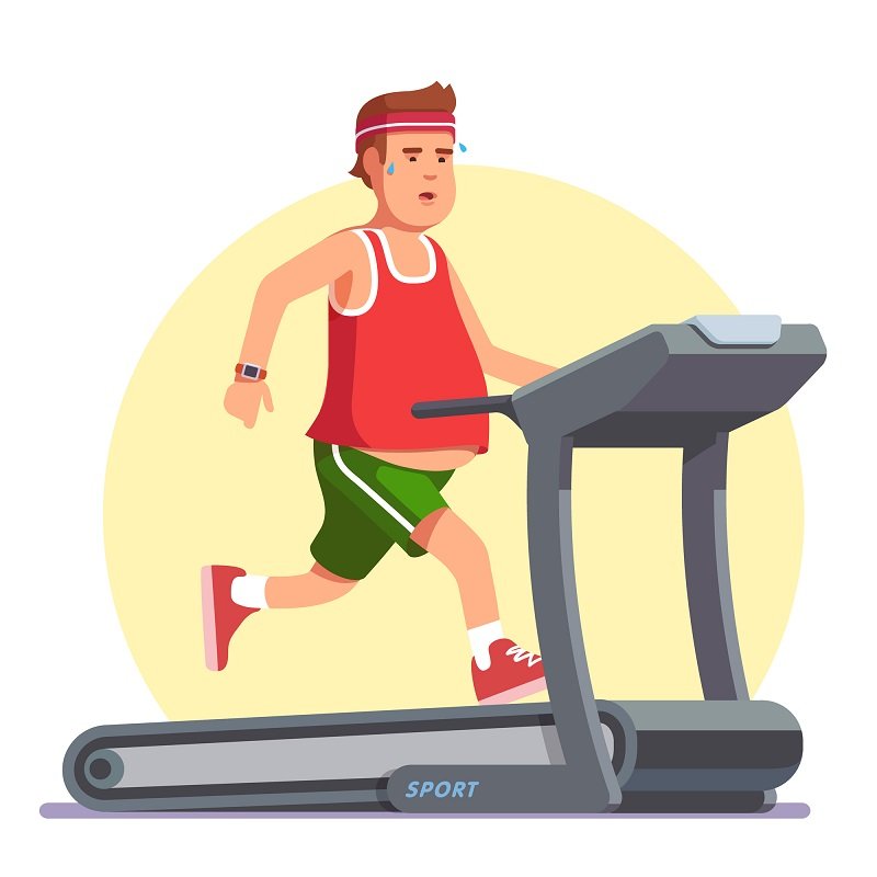 "Cartoon illustration of man exercising on treadmill for heart health at Infinity Heart Hospital Jabalpur"