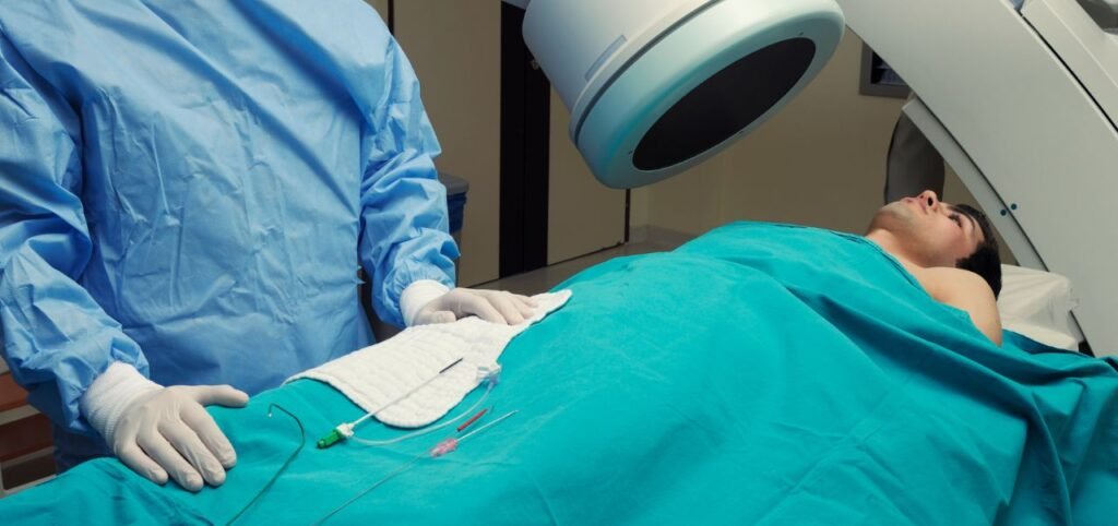 "Patient undergoing angiography procedure by doctor at Infinity Heart Hospital Jabalpur"