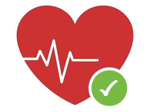 "Red heart icon with ECG line and green check mark for healthy heart at Infinity Heart Hospital Jabalpur"