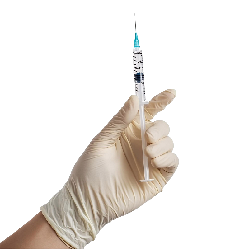 "Gloved hand holding syringe with needle, ready for injection or vaccination"