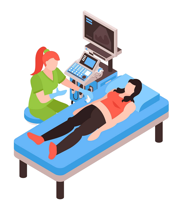 "Isometric illustration of doctor performing ultrasound scan for woman at Infinity Heart Hospital Jabalpur"