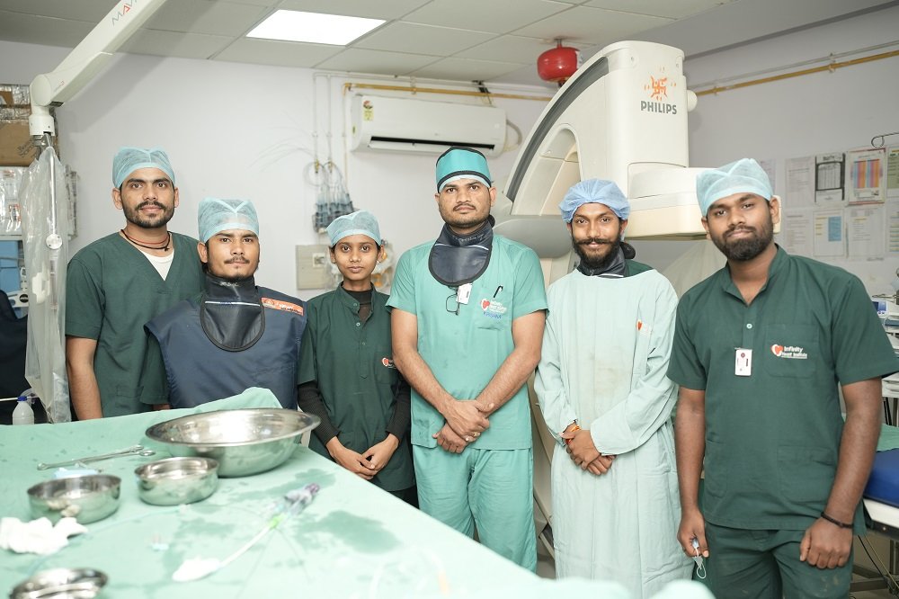 "Team of doctors and nurses in operating room at Infinity Heart Hospital Jabalpur"