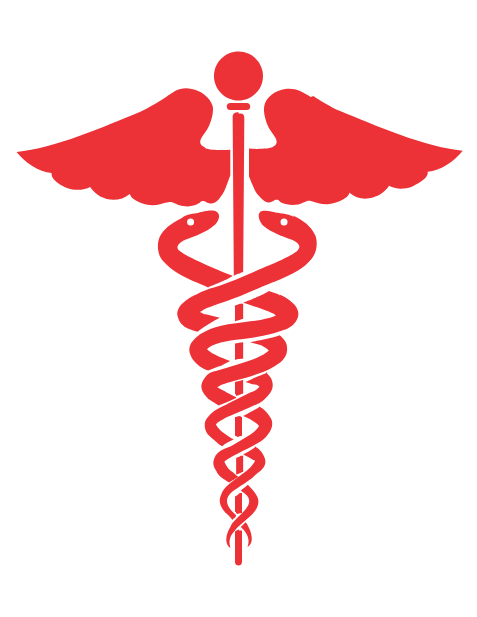 "Red caduceus medical symbol representing healthcare at Infinity Heart Hospital Jabalpur"