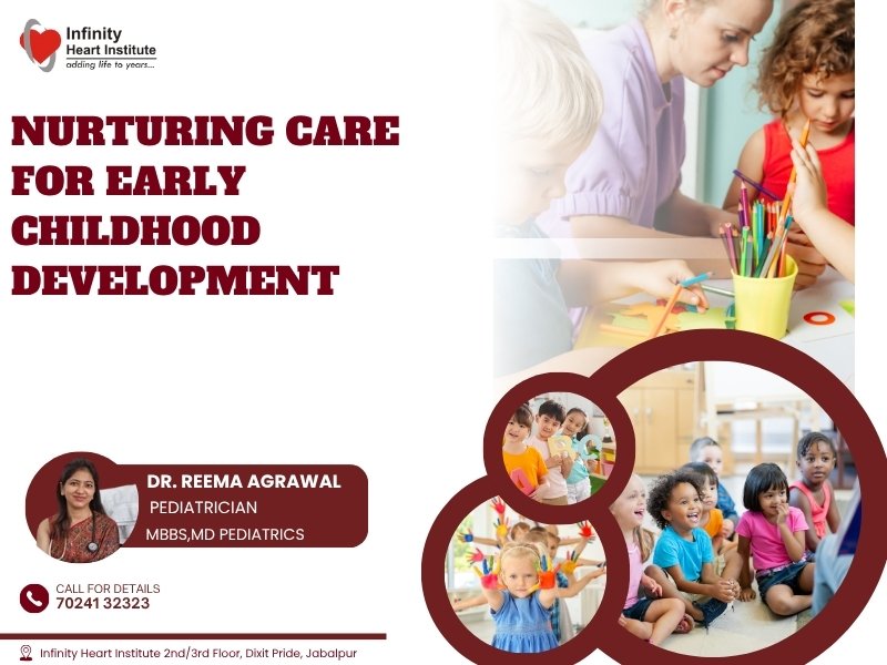 Poster on nurturing care for early childhood development featuring Dr. Reema Agrawal, Pediatrician in Jabalpur.