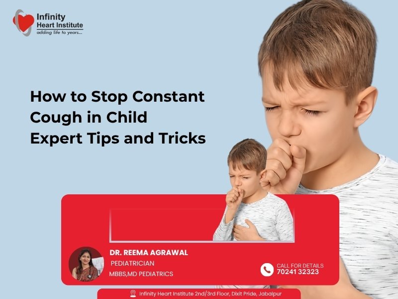 A young child coughing with discomfort, alongside details of Dr. Reema Agrawal, Pediatrician, offering expert care for child cough treatment in Jabalpur.