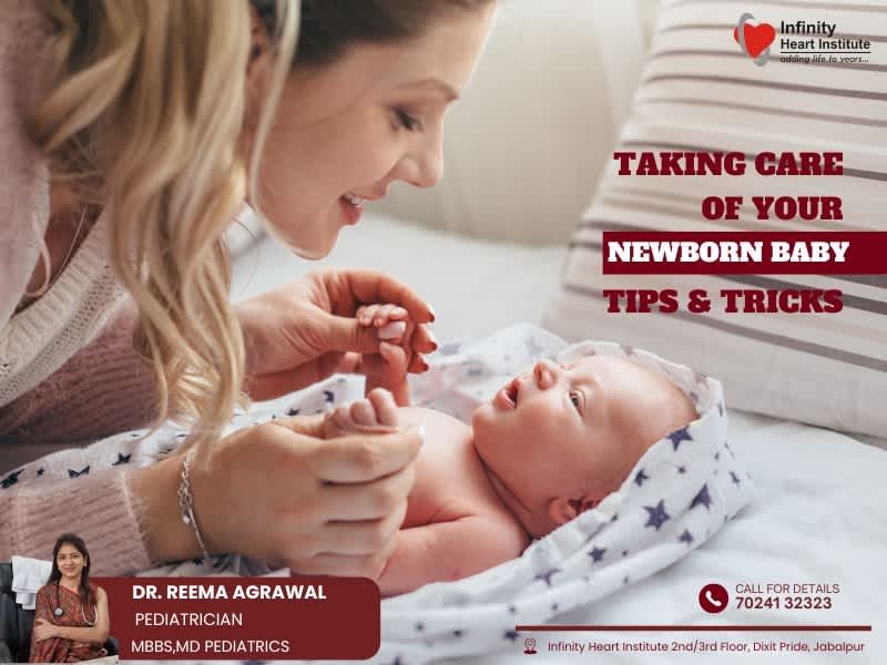 Dr Reema Agrawal Pediatrician in Jabalpur explaining newborn care tips while a mother gently holds her newborn baby