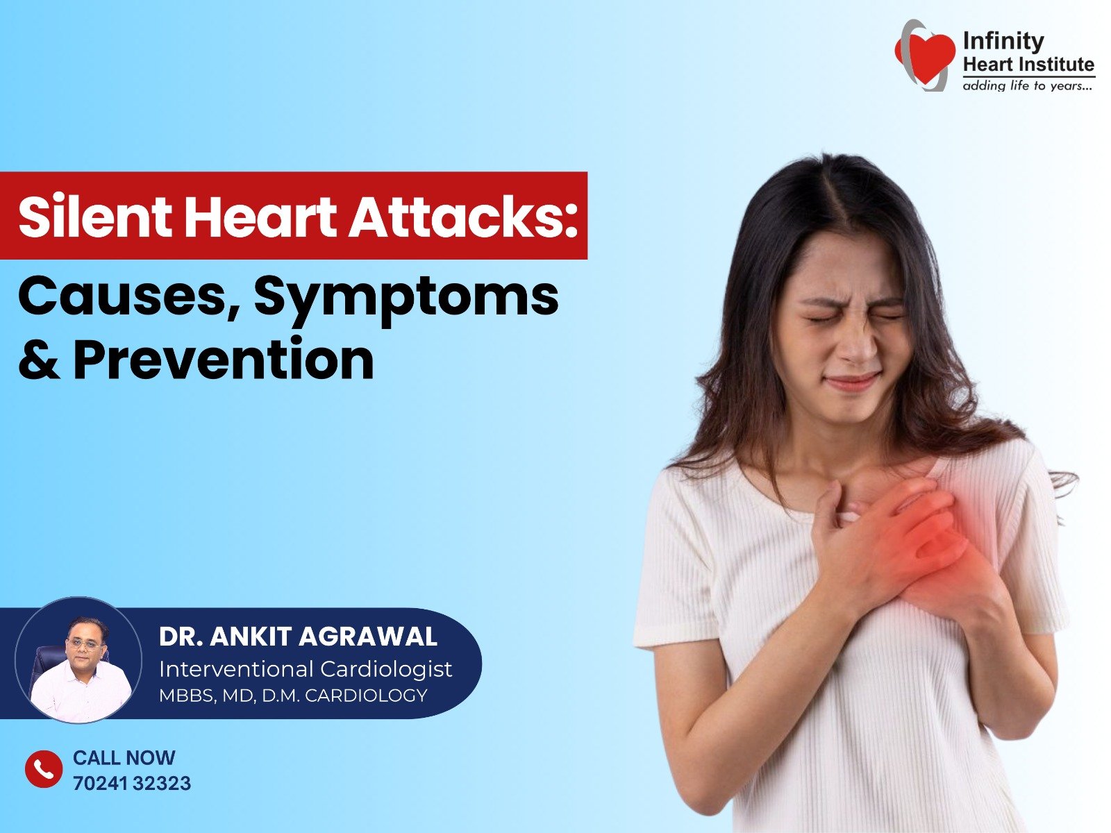 Educational medical graphic titled "Silent Heart Attacks: Causes, Symptoms & Prevention" featuring Dr. Ankit Agrawal, Interventional Cardiologist at Infinity Heart Institute.