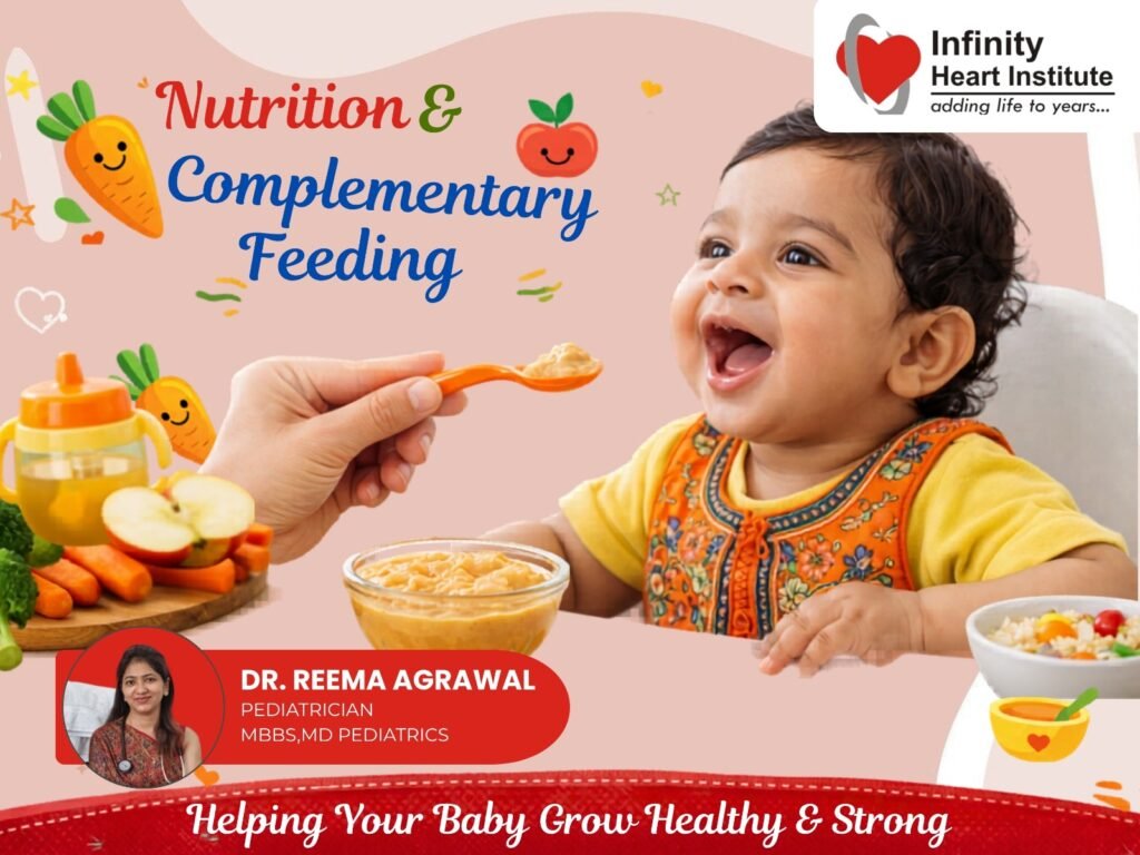 Smiling baby being fed healthy complementary food with spoon, promoting infant nutrition by Dr. Reema Agrawal Pediatrician.