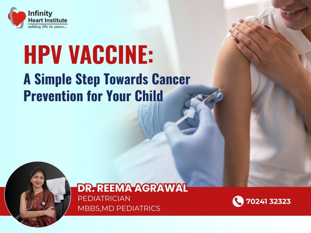 Poster about HPV vaccine awareness featuring Dr. Reema Agrawal, Pediatrician at Infinity Heart Institute, with a child receiving an HPV vaccine injection and the message “A Simple Step Towards Cancer Prevention for Your Child.
